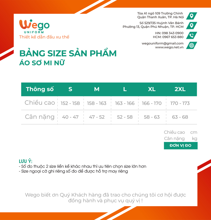 bảng size sơ mi đồng phục wego uniform