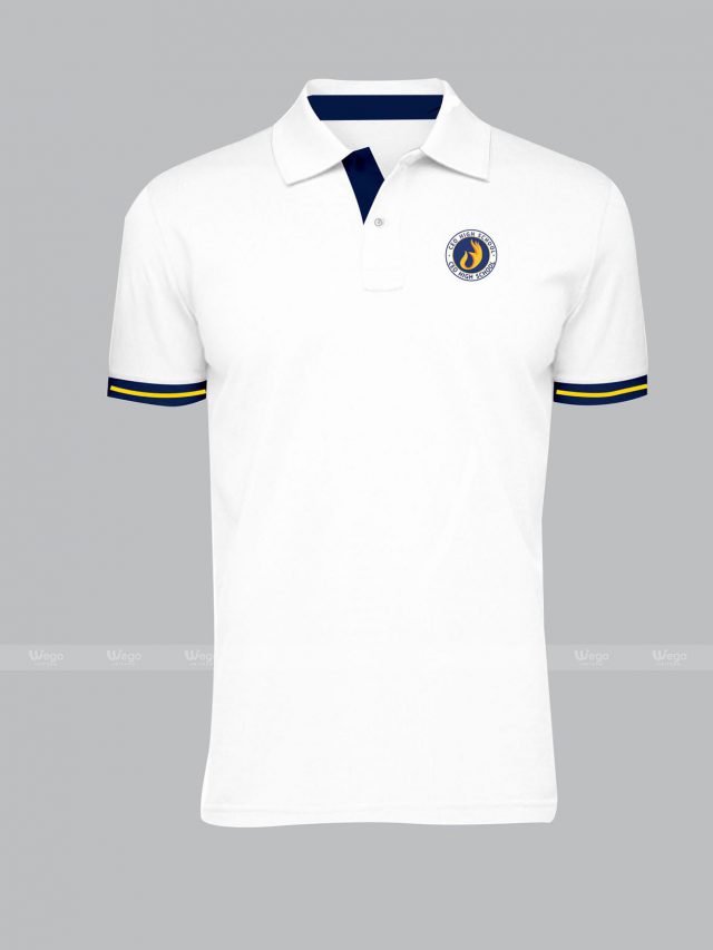 polo đồng phục trắng kẻ vàng