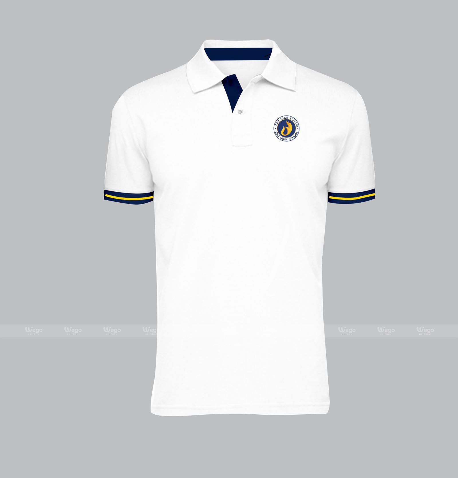 polo đồng phục trắng kẻ vàng