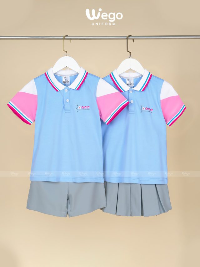 Đồng phục mầm non màu xanh biển phối hồng
