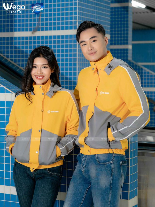 Đồng phục áo gió Nano Protect màu vàng phối ghi đậm