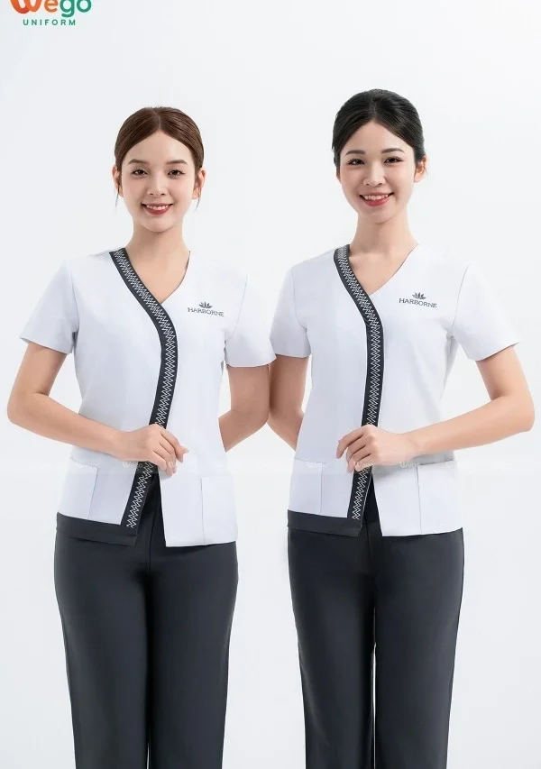 Đồng phục spa Màu trắng phối xám 02