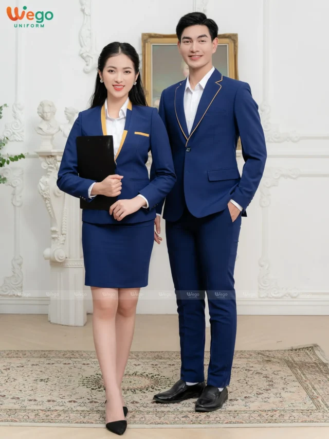 Đồng phục vest nam nữ xanh đen phối vàng mía