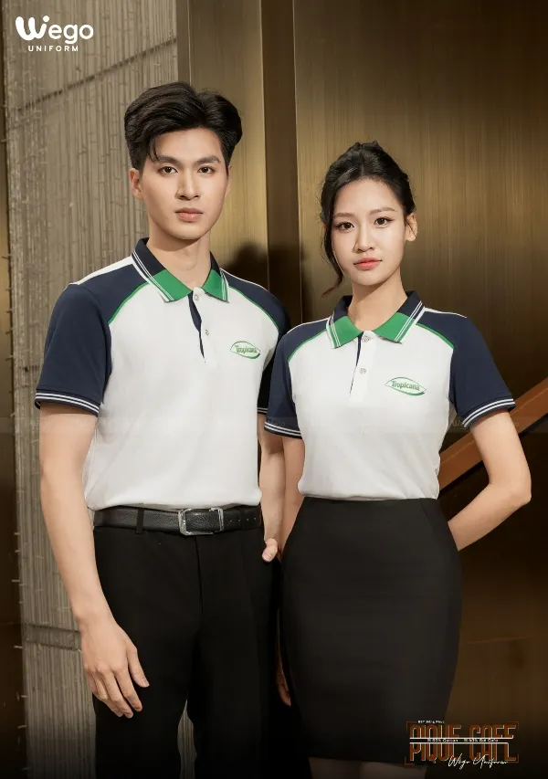 Áo thun phông đồng phục Pique Cafe - Màu trắng phối xanh đen