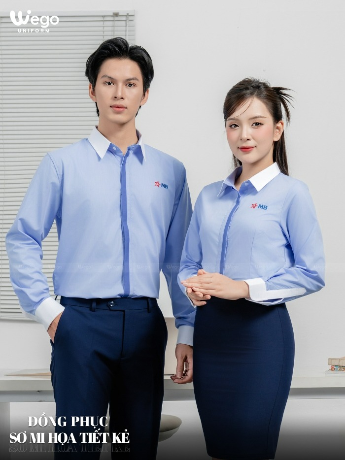 Đồng phục áo sơ mi màu xanh phối trắng MB